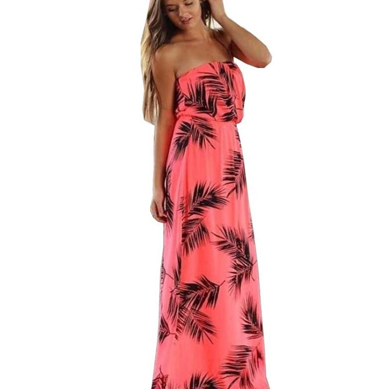 ROBE LONGUE ROSE FEUILLES DE PALMIER