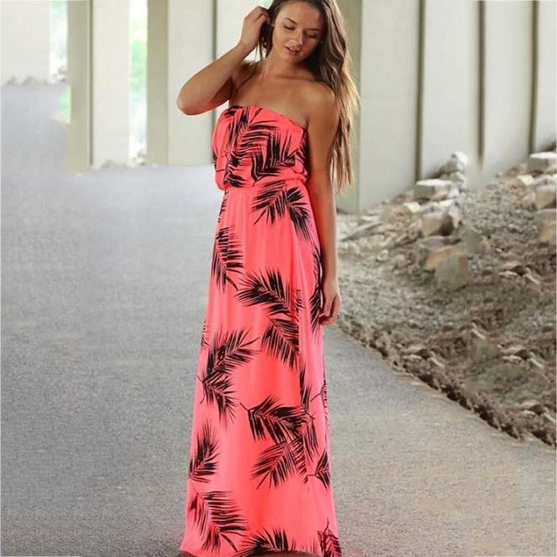 ROBE LONGUE ROSE FEUILLES DE PALMIER