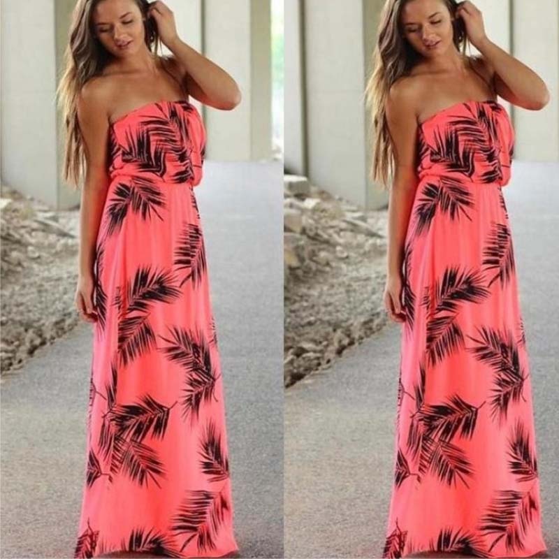 ROBE LONGUE ROSE FEUILLES DE PALMIER