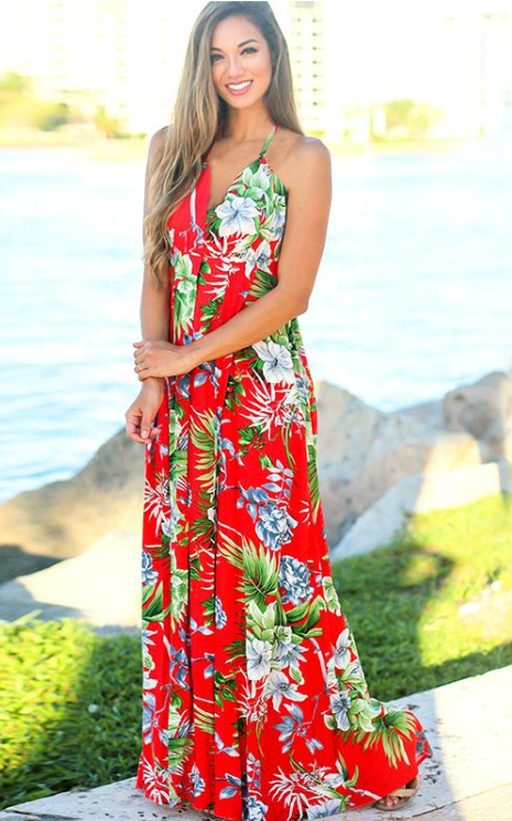 robe longue rouge palmier