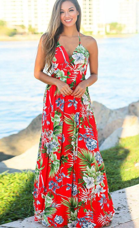 ROBE HAWAIENNE LONGUE ROUGE PALMIER