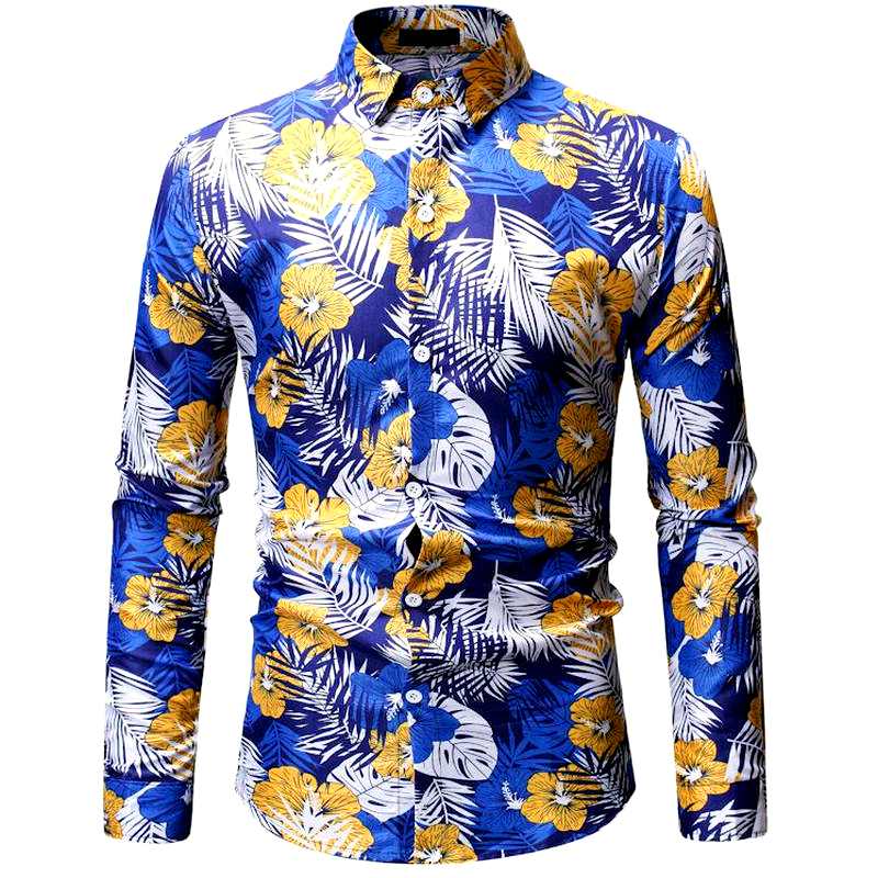 chemise tropicale à fleurs bleu et jaune